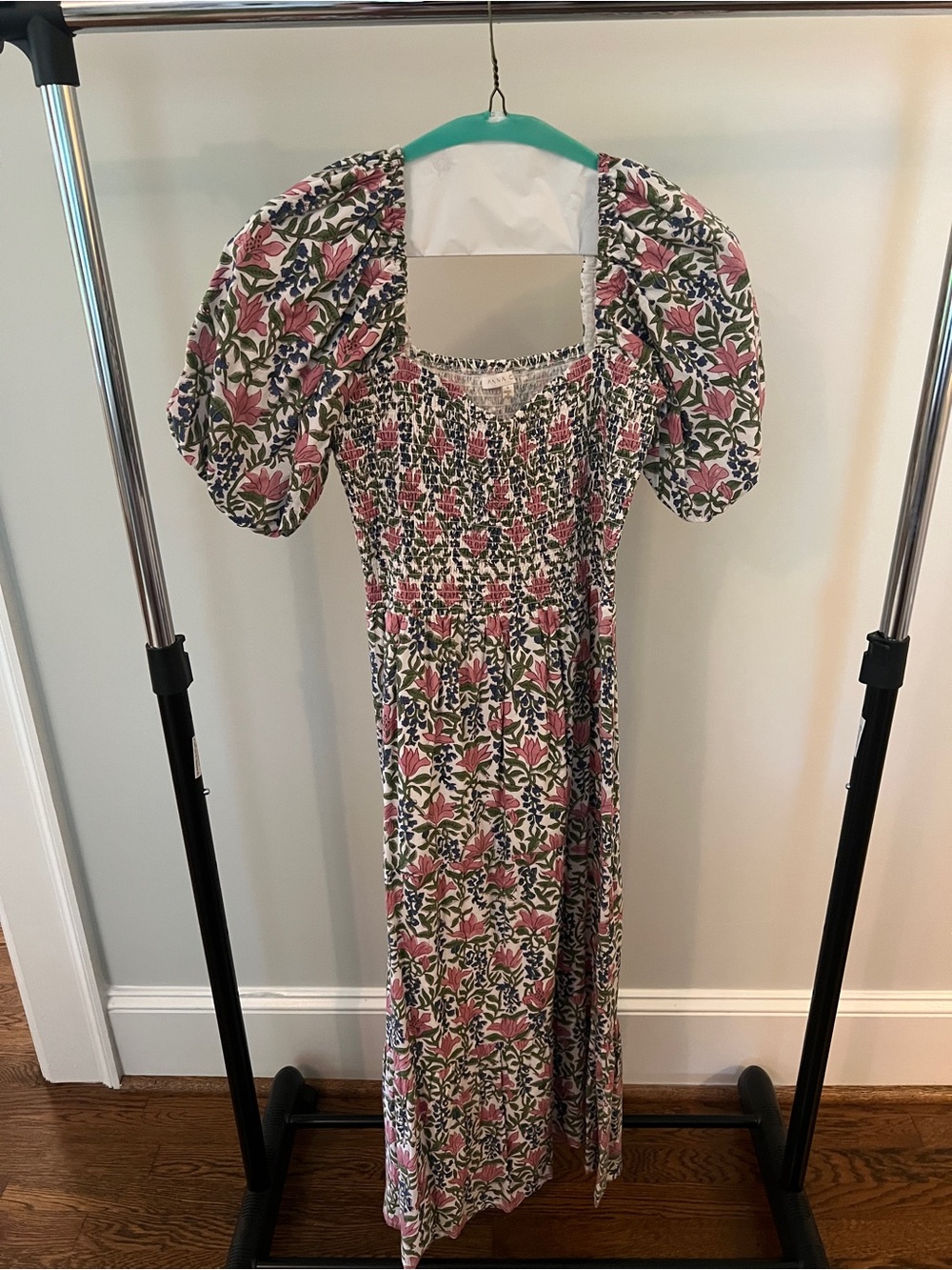 Floral Puff Sleeve Maxi Dress - Pink & Green